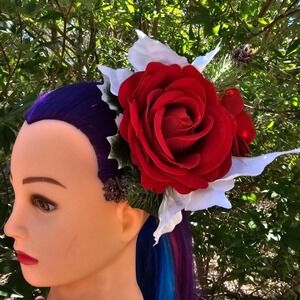 Handmade Christmas‎ Floral Hair Clip Fascinator Red Rose White Poinsettia Pinup